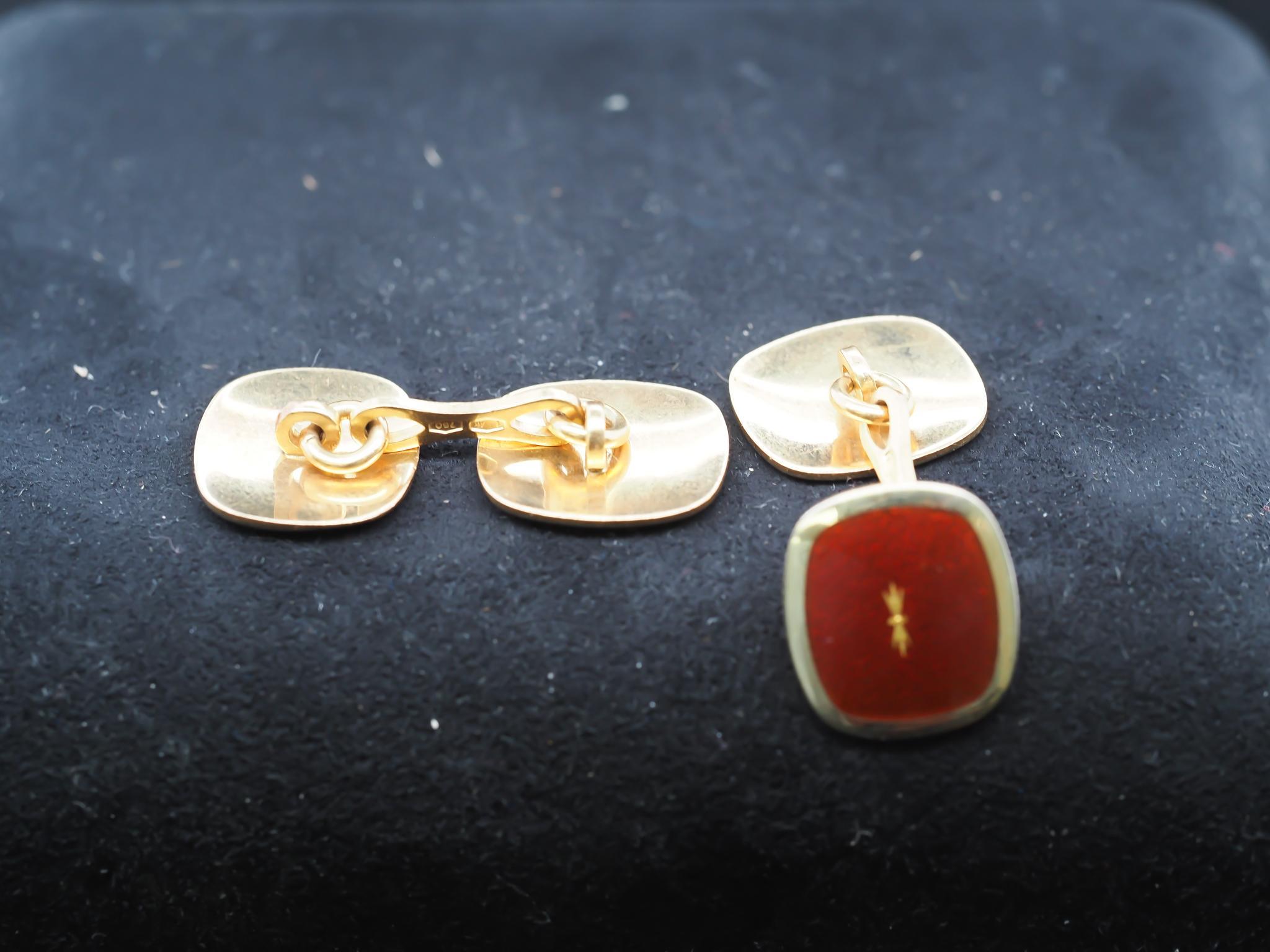Vintage 18k Gelbgold Rot Emaille Manschettenknöpfe im Angebot 5