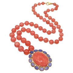 Vintage By, collana con fili di perline graduati in oro giallo 18k con rodocrosite e agata