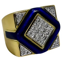 Vintage 18K Yellow Gold Rich, Cobalt Blue Enamel and Diamond Ring, Circa 1970s