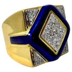 Vintage 18K Yellow Gold Rich, Cobalt Blue Enamel and Diamond Ring, Circa 1970s