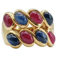 Vintage 18K Yellow Gold Ring with 4 Cabochon Rubies and 4 Sapphires 1992