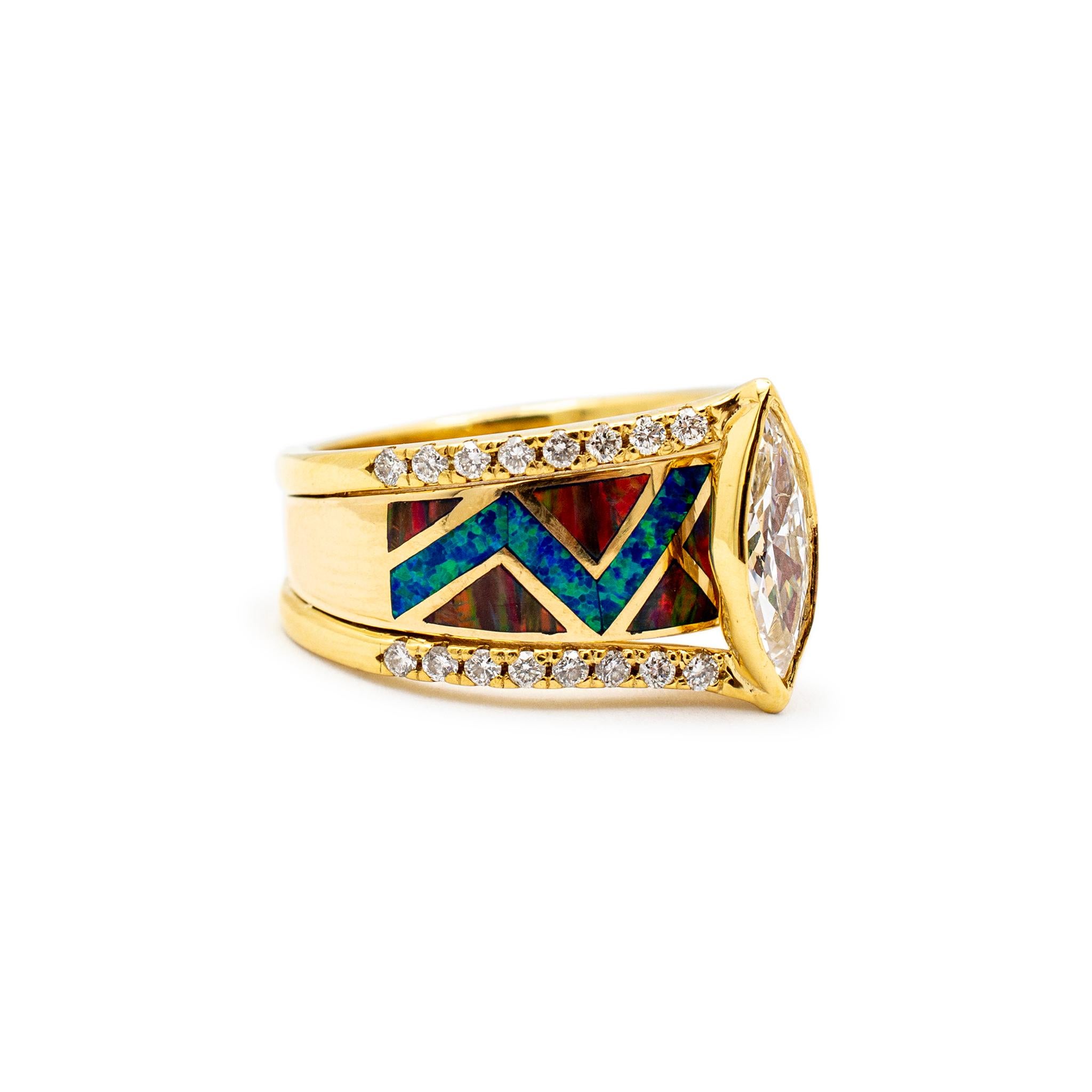 Bague cocktail vintage River of Love en or jaune 18 carats avec opale marquée et diamants Excellent état à Houston, TX