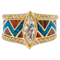 Bague cocktail vintage River of Love en or jaune 18 carats avec opale marquée et diamants