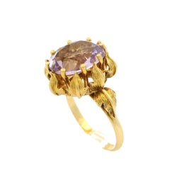 Vintage 18k Yellow Gold Rose De France Amethyst Flower Detailed Ring