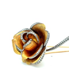 Vintage 18K Yellow Gold Rose Pin Brooch with 1 Carat Round H VS Diamonds