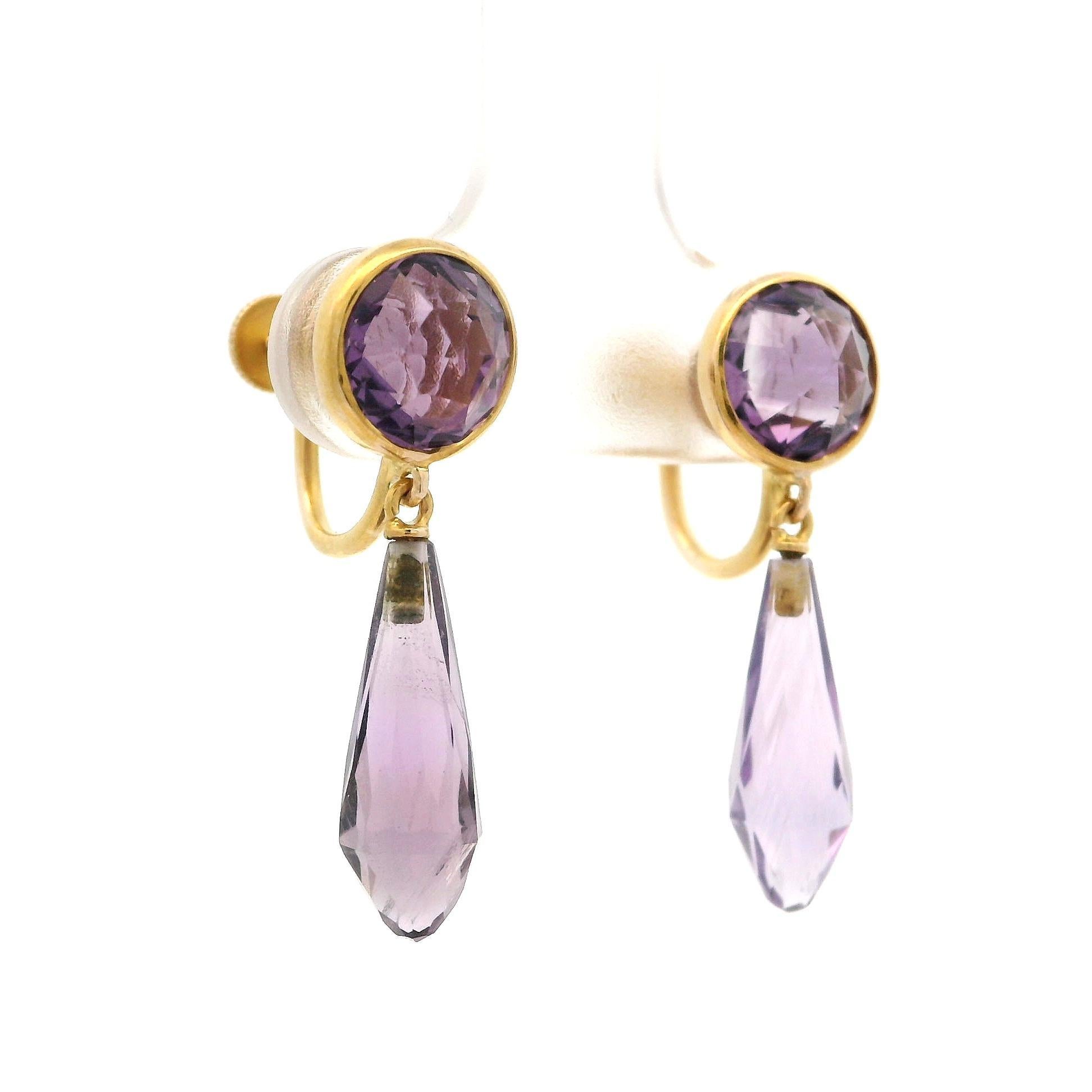 Orecchini d'epoca in oro giallo 18k con ametista tonda e briolette, con pendente a vite in vendita 5
