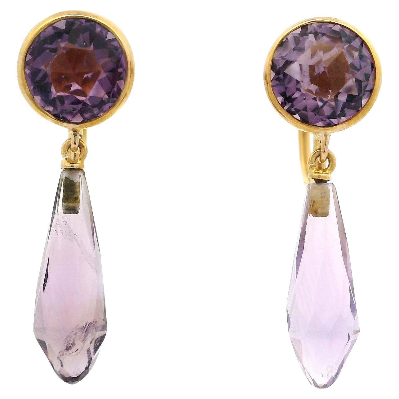 Orecchini d'epoca in oro giallo 18k con ametista tonda e briolette, con pendente a vite