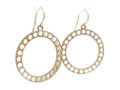 Vintage 18k Yellow Gold Round Cabochon Moonstone Open Circle Drop Hook Earrings