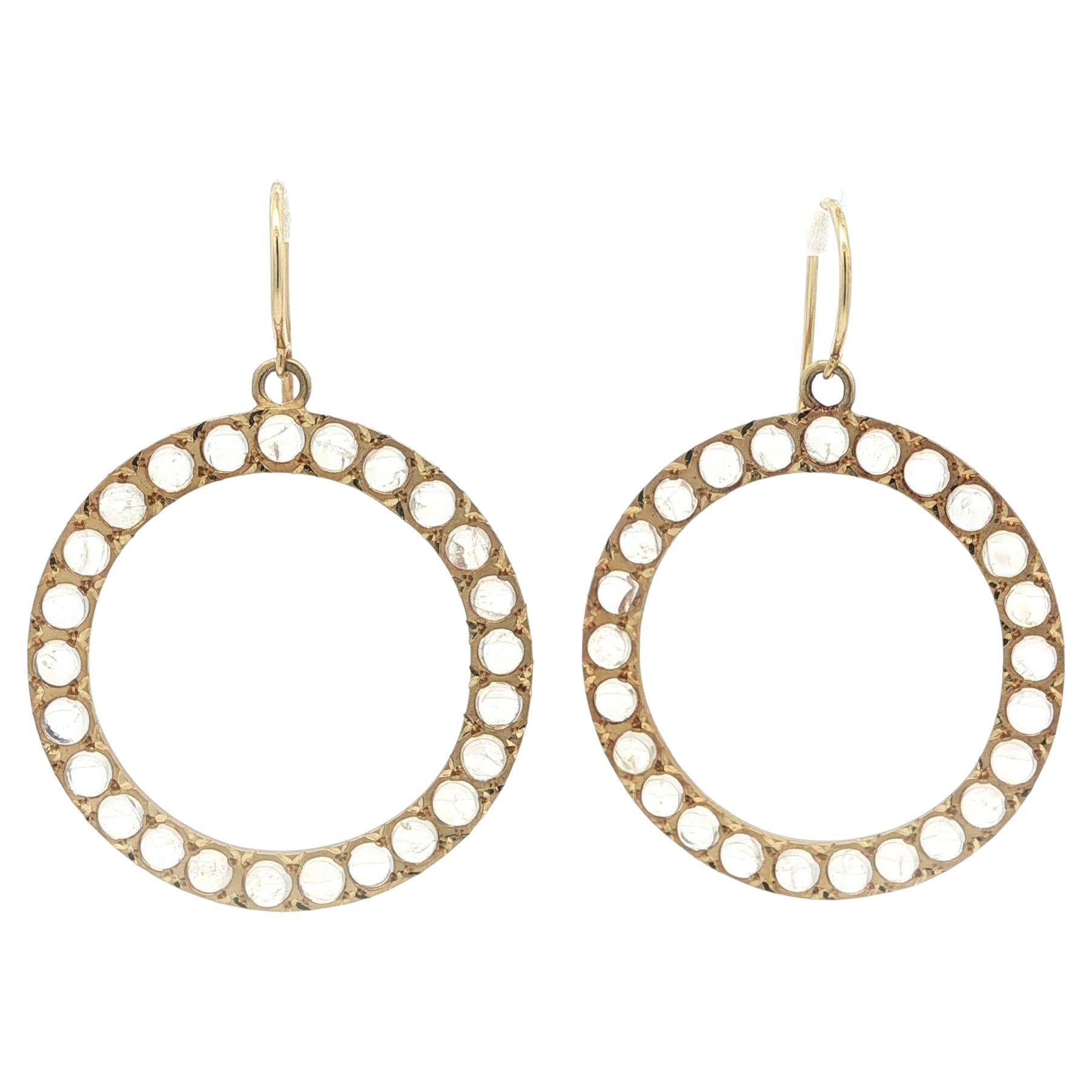 Vintage 18k Yellow Gold Round Cabochon Moonstone Open Circle Drop Hook Earrings For Sale