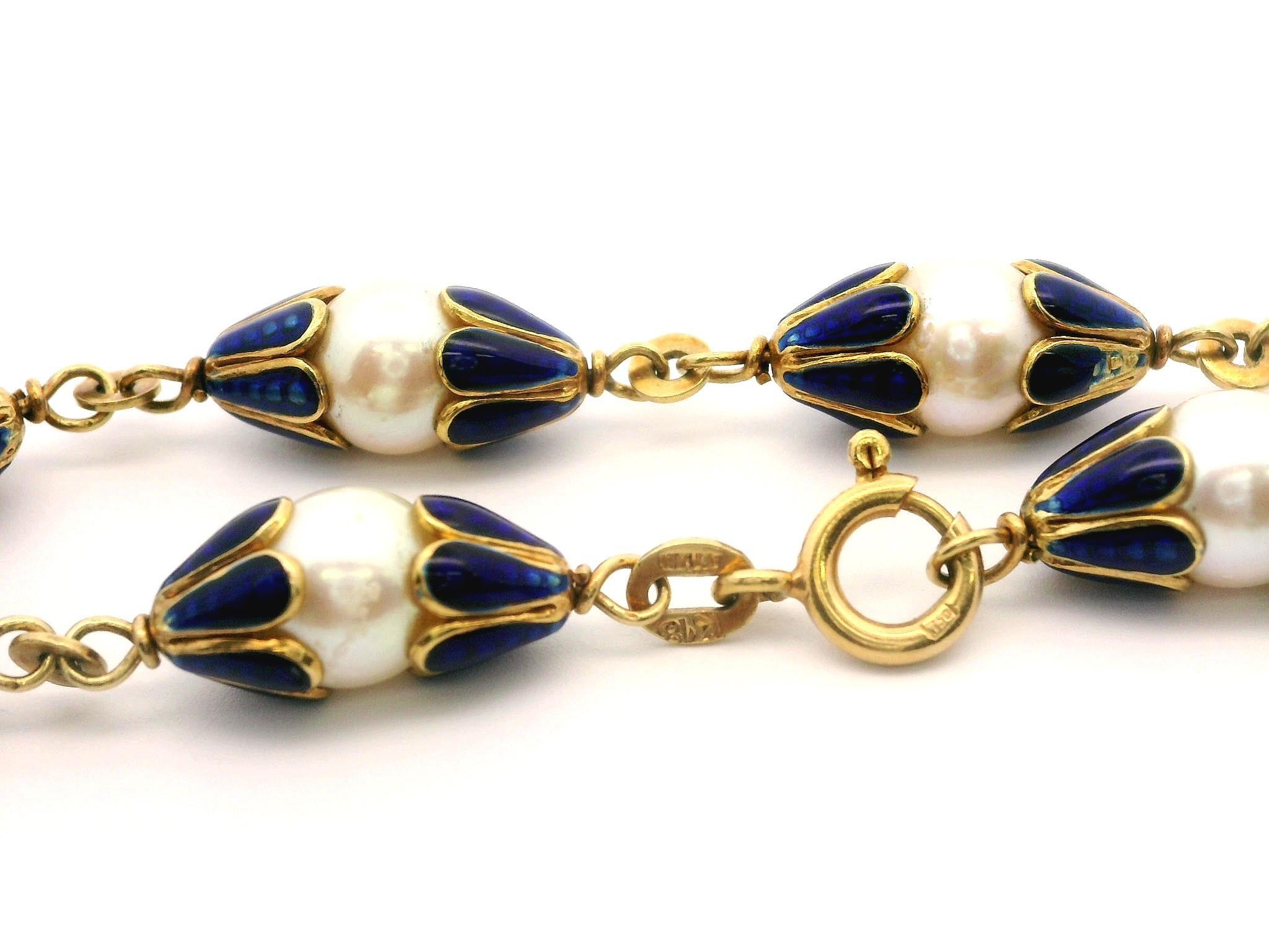 Women's Vintage 18k Yellow Gold Royal Blue Enamel & Cupped White Pearls Link Bracelet