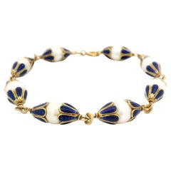 Vintage 18k Yellow Gold Royal Blue Enamel & Cupped White Pearls Link Bracelet