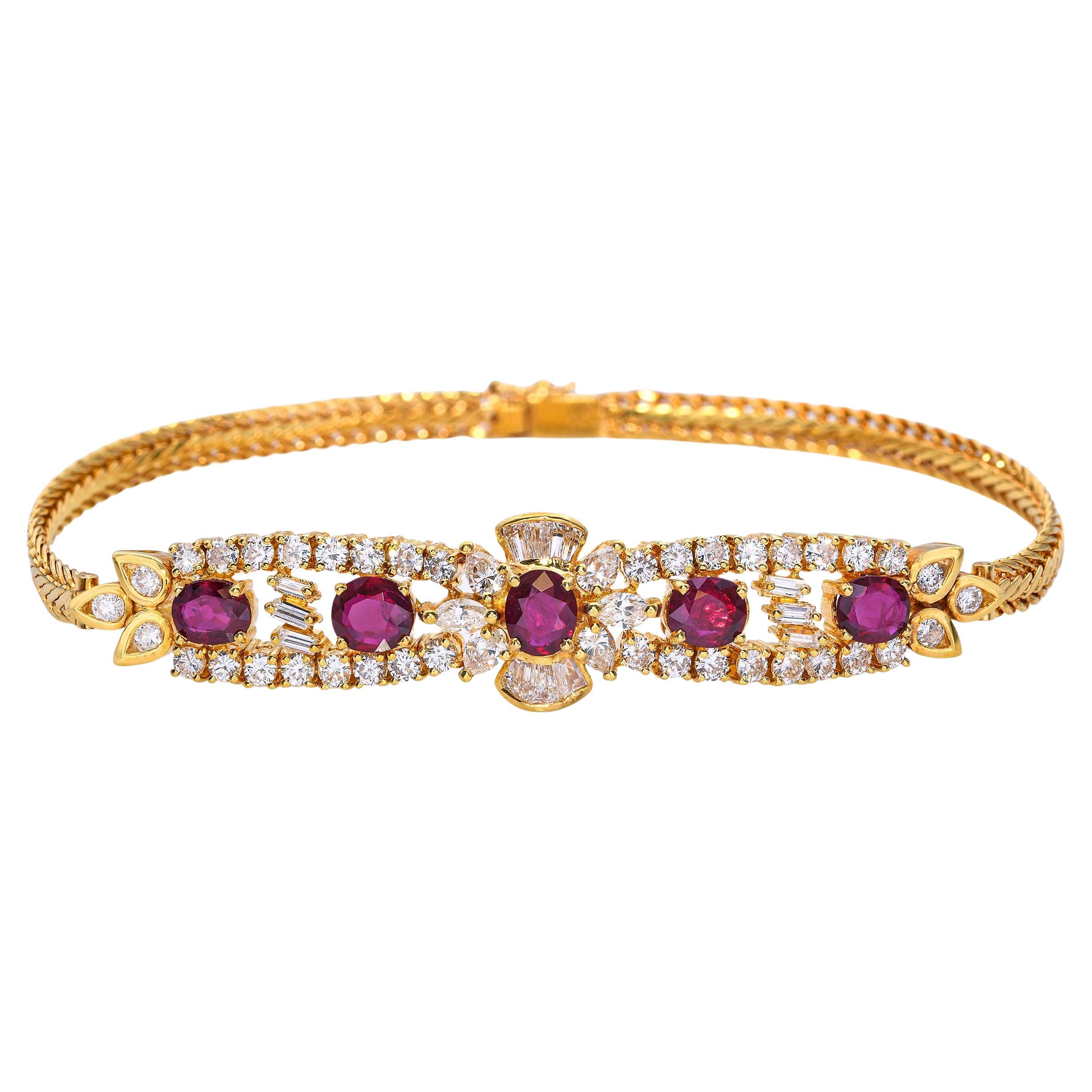 Vintage 18k Yellow Gold Ruby and Diamond Bracelet