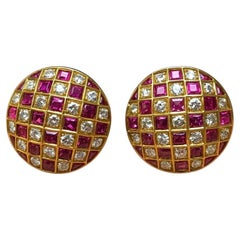 Vintage 18K Yellow Gold Ruby and Diamond Checkerboard Earring