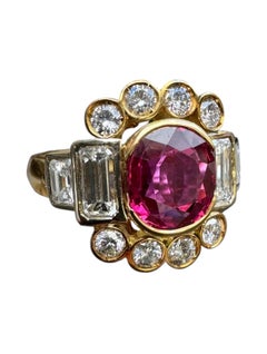 Vintage 18K Yellow Gold Ruby and Diamond Cocktail Ring with GIA Certificate