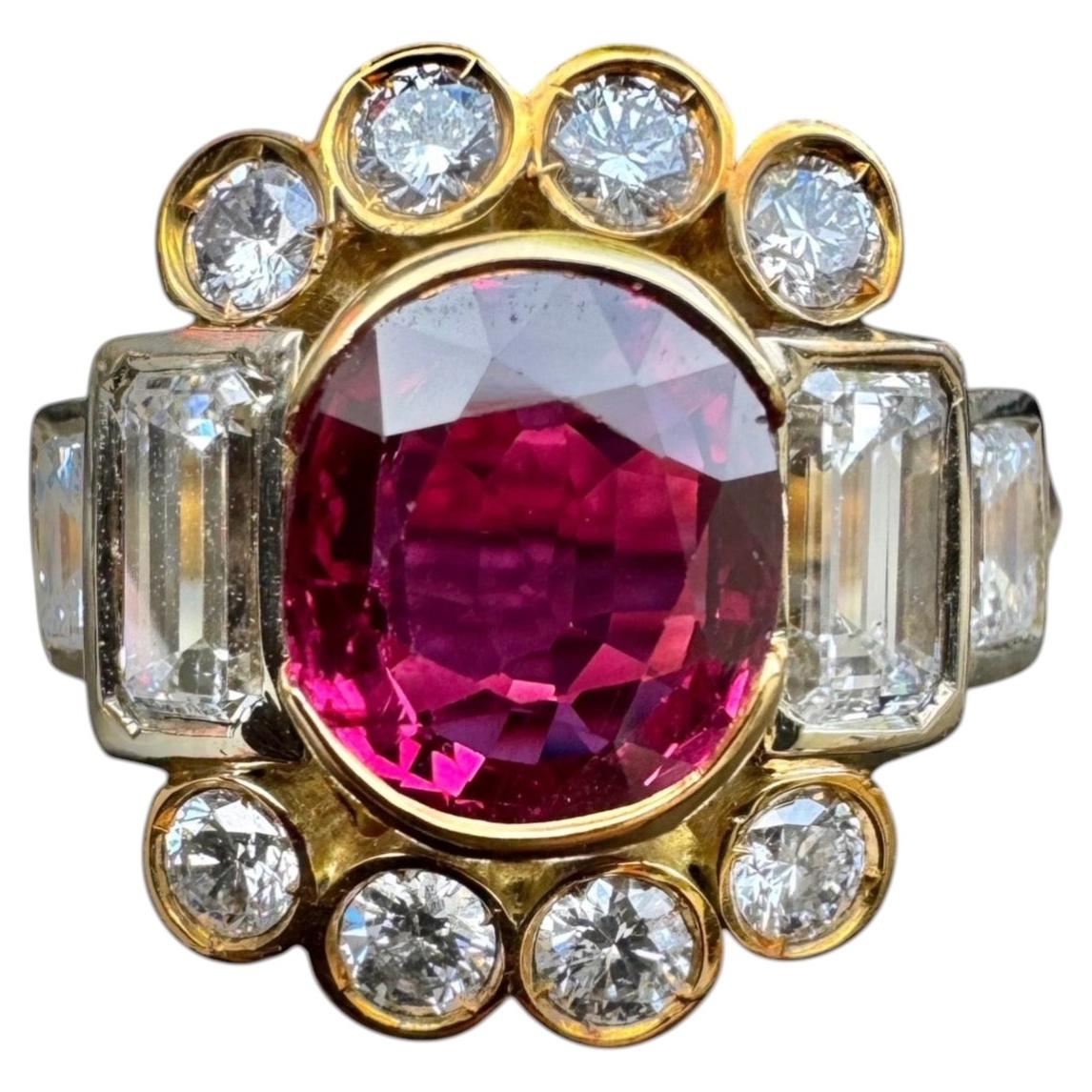 Vintage 18K Gelbgold Rubin und Diamant Cocktail Ring mit GIA Zertifikat