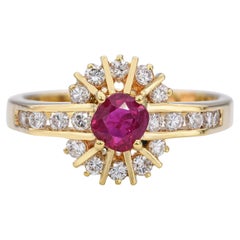 Vintage 18k Yellow Gold Ruby and Diamond Halo Ring