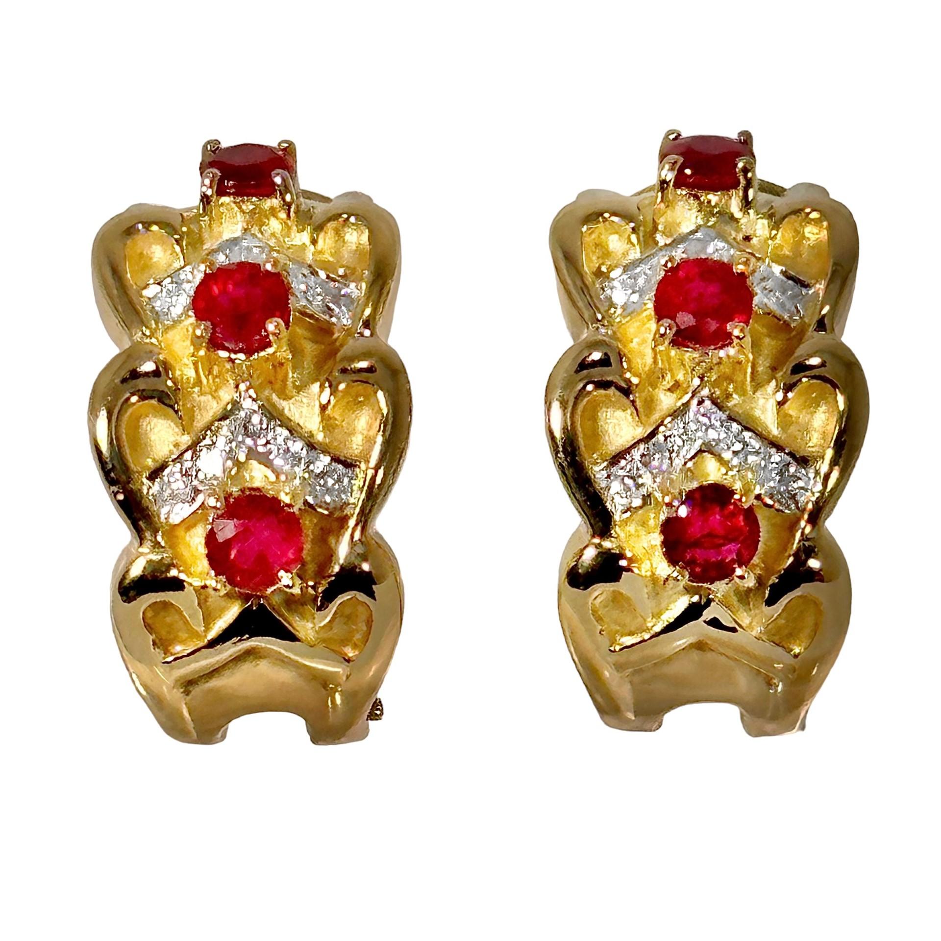 This very imaginative and well crafted pair of late-20th century 18k yellow gold hoop earrings are set with a total of six luxurious red rubies and twenty brilliant cut diamonds. Total approximate ruby weight is 1.00ct and total approximate diamond
