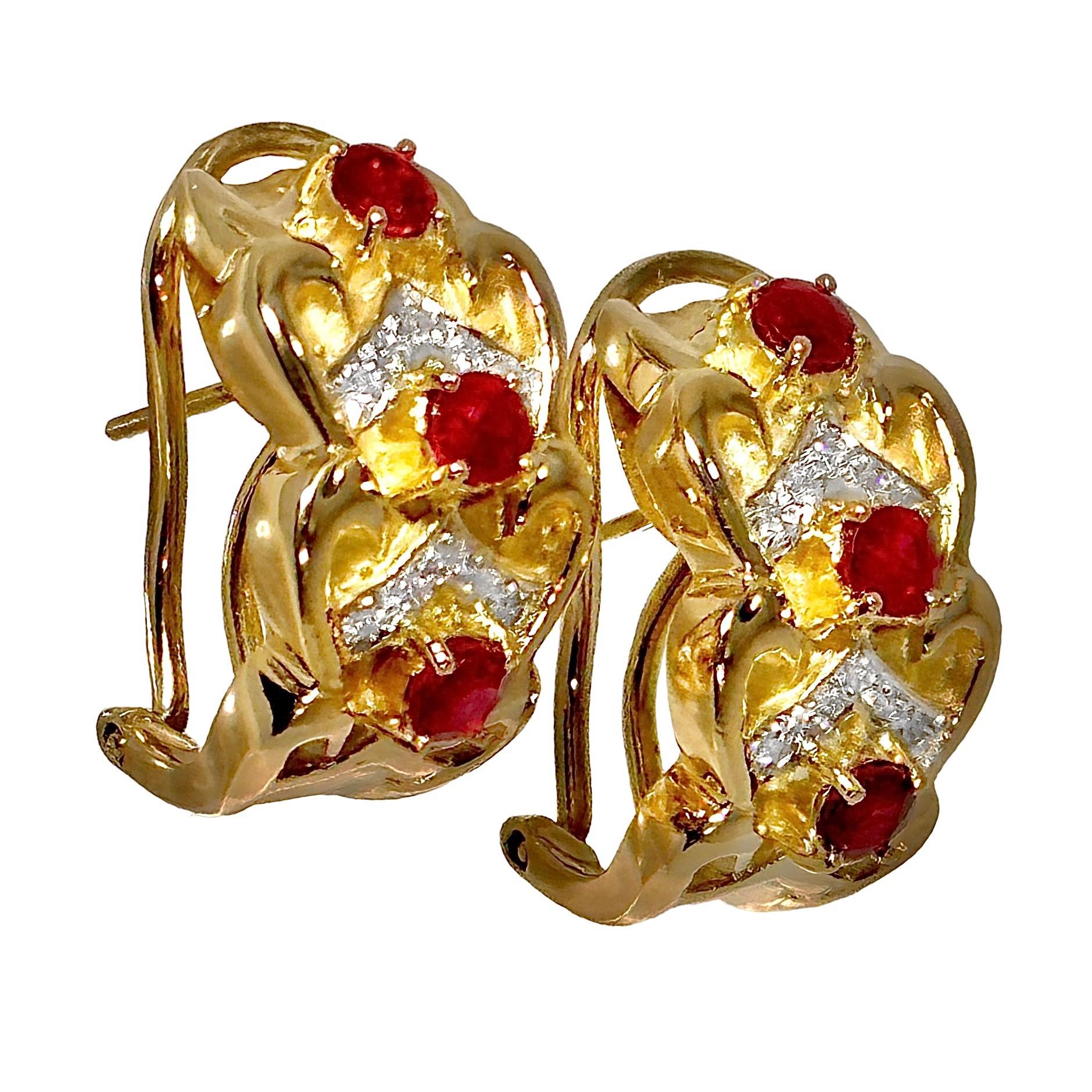 Modern Vintage 18k Yellow Gold, Ruby and Diamond Hoop Earrings For Sale