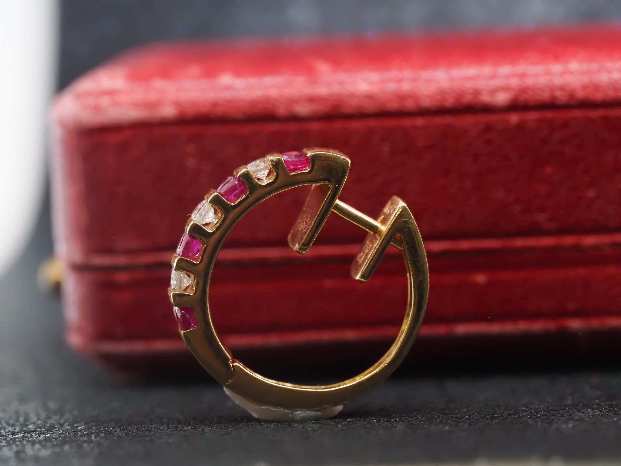Vintage 18K Yellow Gold Ruby and Diamond Hoop Earrings In Good Condition For Sale In Hicksville, NY