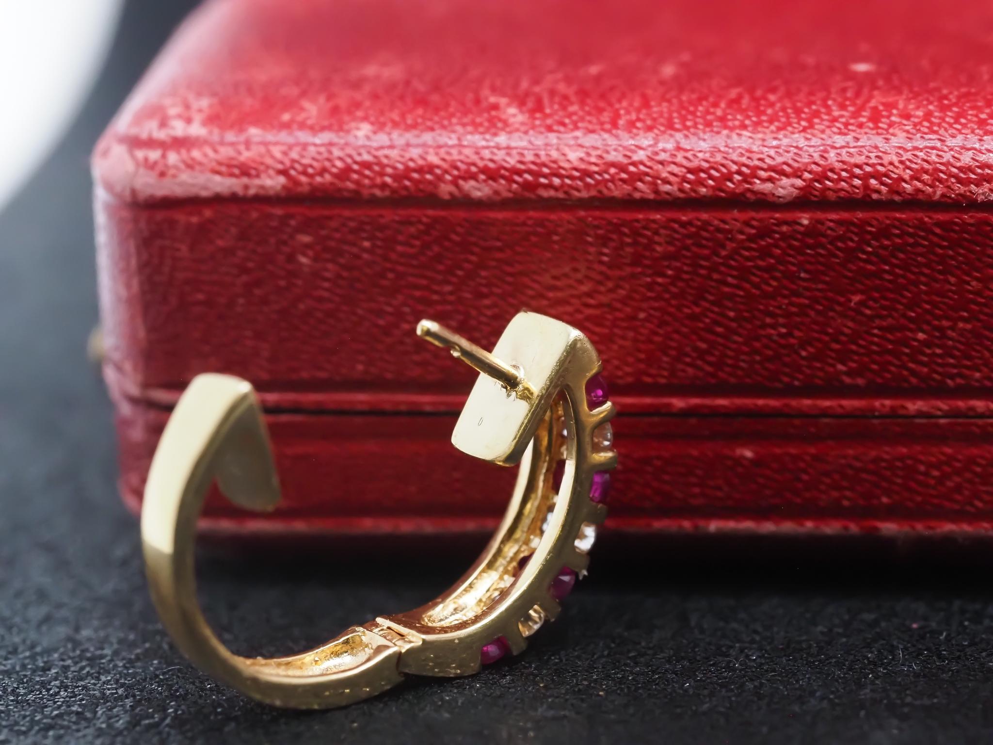 Women's Vintage 18K Yellow Gold Ruby and Diamond Hoop Earrings For Sale