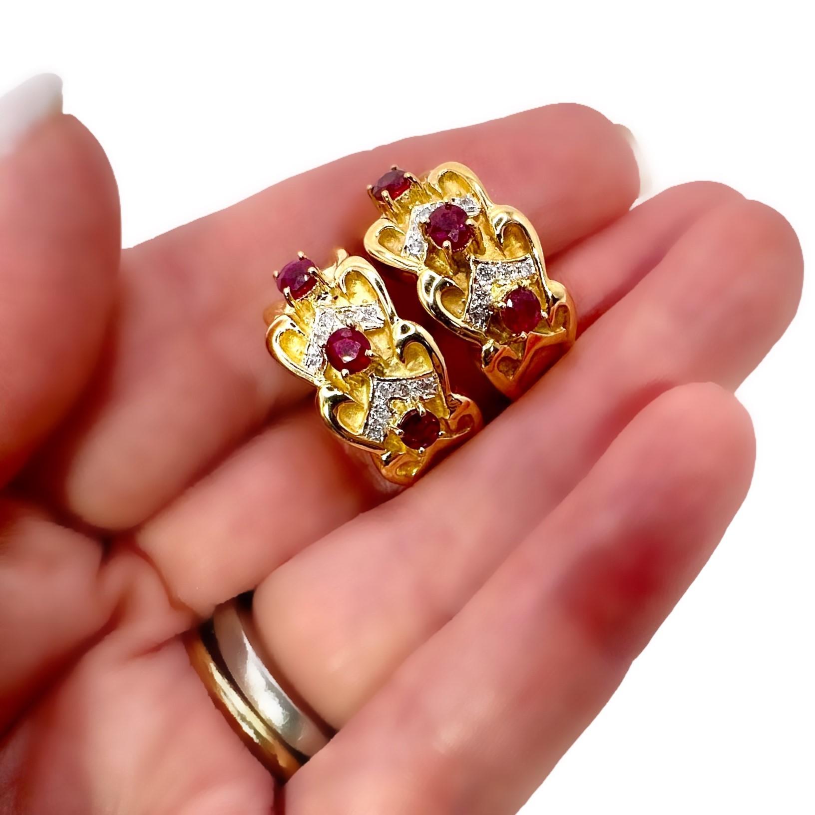 Créoles vintage en or jaune 18 carats, rubis et diamants en vente 1