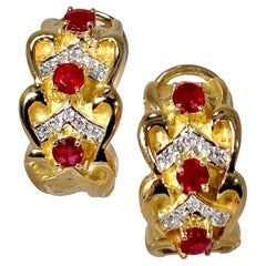 Vintage 18k Yellow Gold, Ruby and Diamond Hoop Earrings