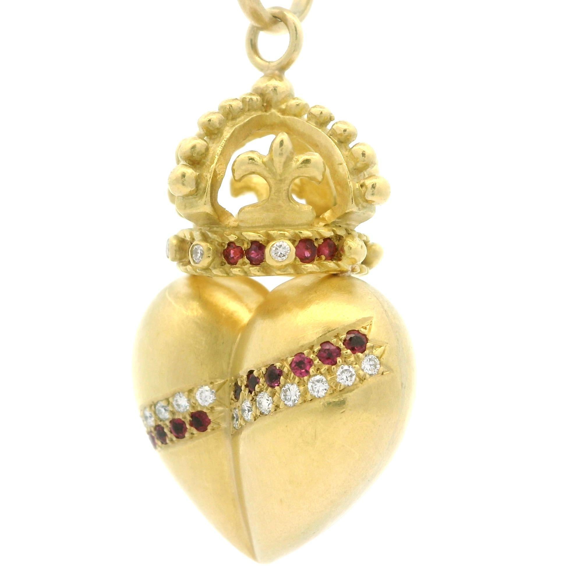 Pendentif en or jaune 18 carats rubis et diamants couronne bouffante en forme de coeur en vente 2