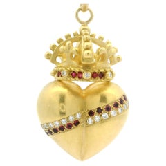 Vintage 18k Yellow Gold Ruby and Diamond Large Puffed Crown Heart Pendant