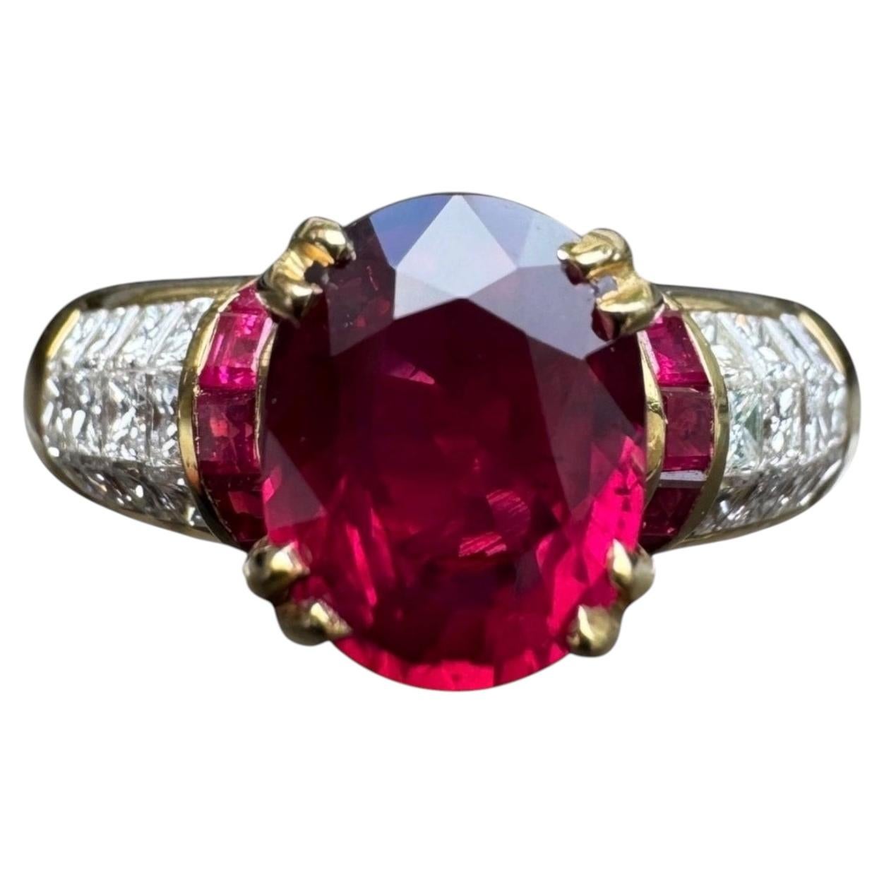 Anello d'epoca in oro giallo 18 carati con rubini e diamanti e certificato AGL