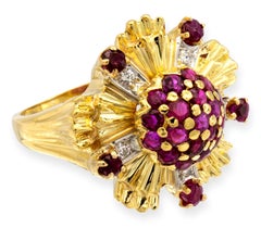 Vintage 18k Yellow Gold Ruby and Diamond Starburst Cocktail Ring
