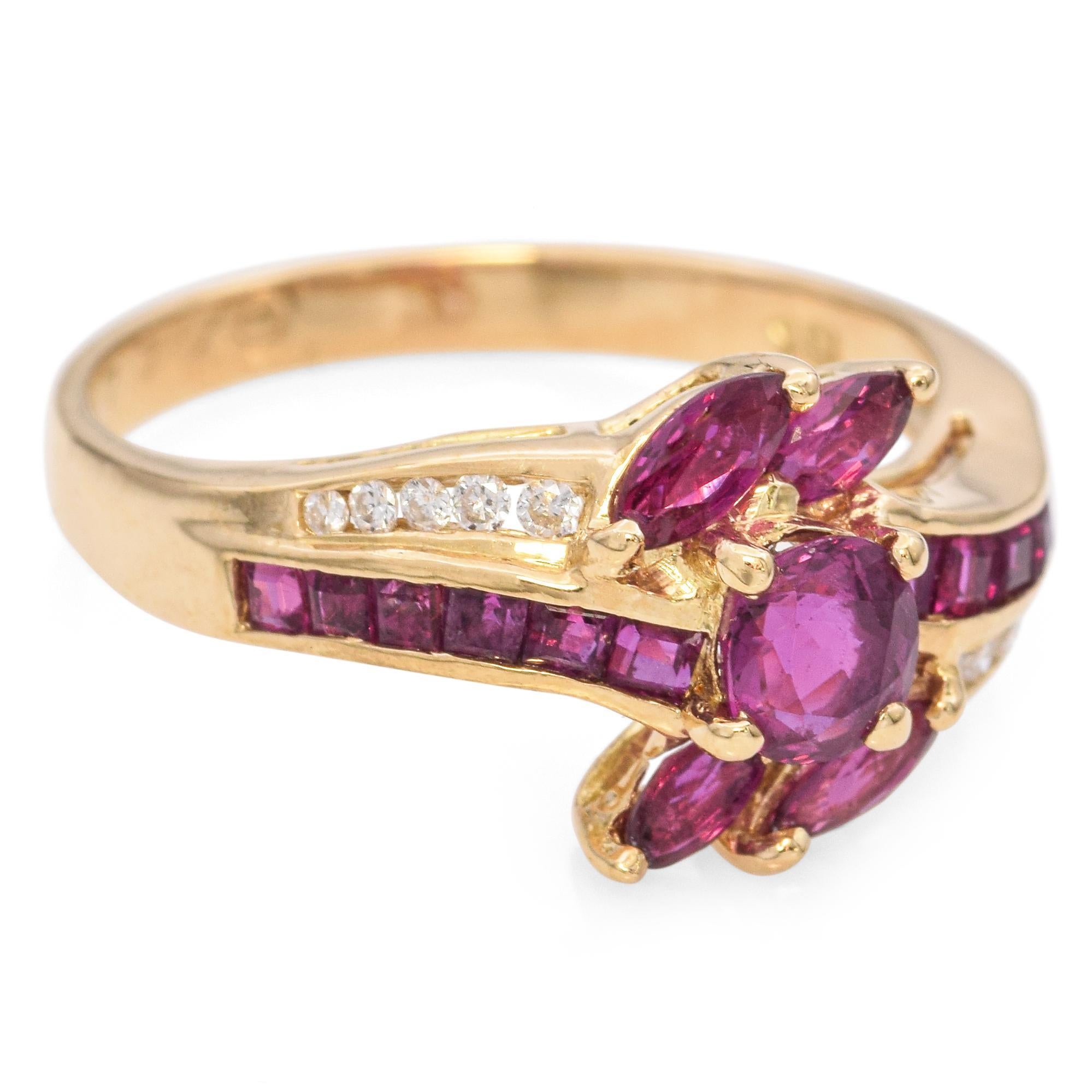 Vintage 18K Yellow Gold Ruby and Diamond Swirl Ring For Sale 1