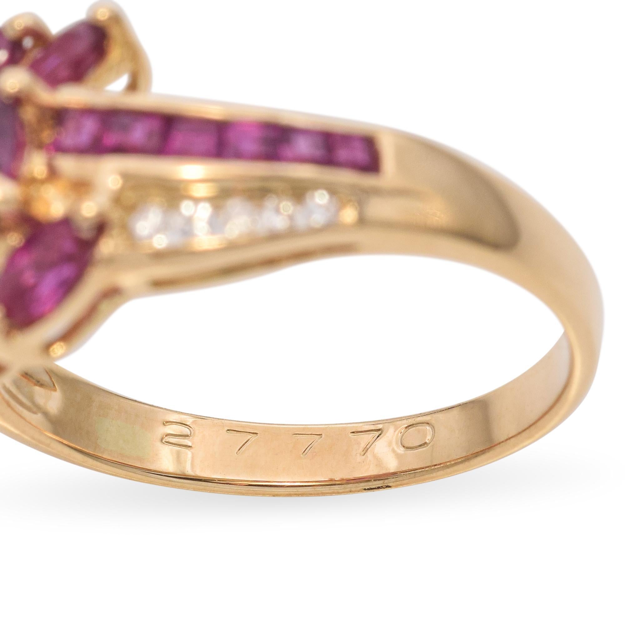 Vintage 18K Yellow Gold Ruby and Diamond Swirl Ring For Sale 3