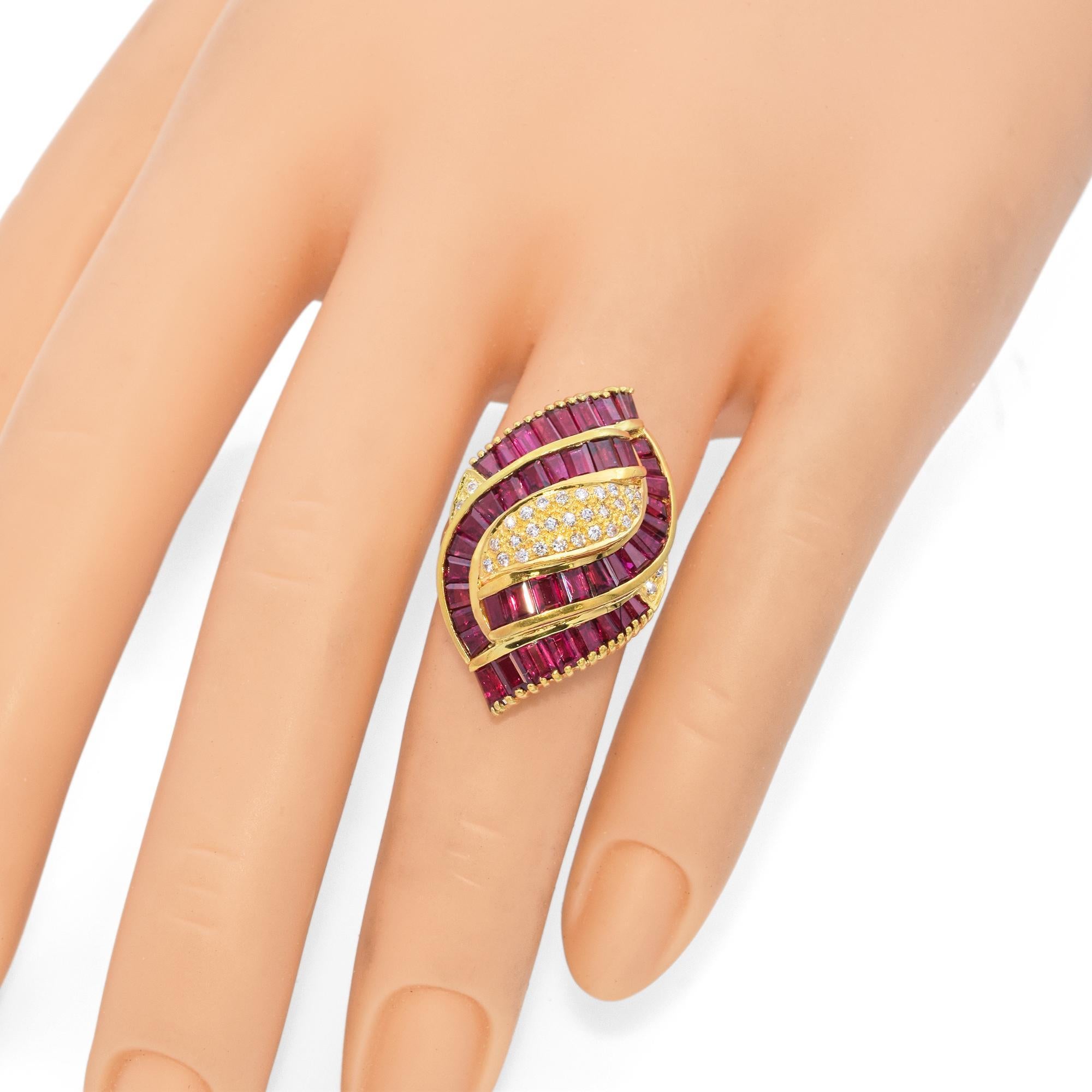 A symphony of curves, color, and brilliance. This striking statement ring dazzles with vibrant red baguette-cut rubies. The flowing design is accentuated by shimmering diamonds, all set in a warm gold setting. A bold piece for those who appreciate