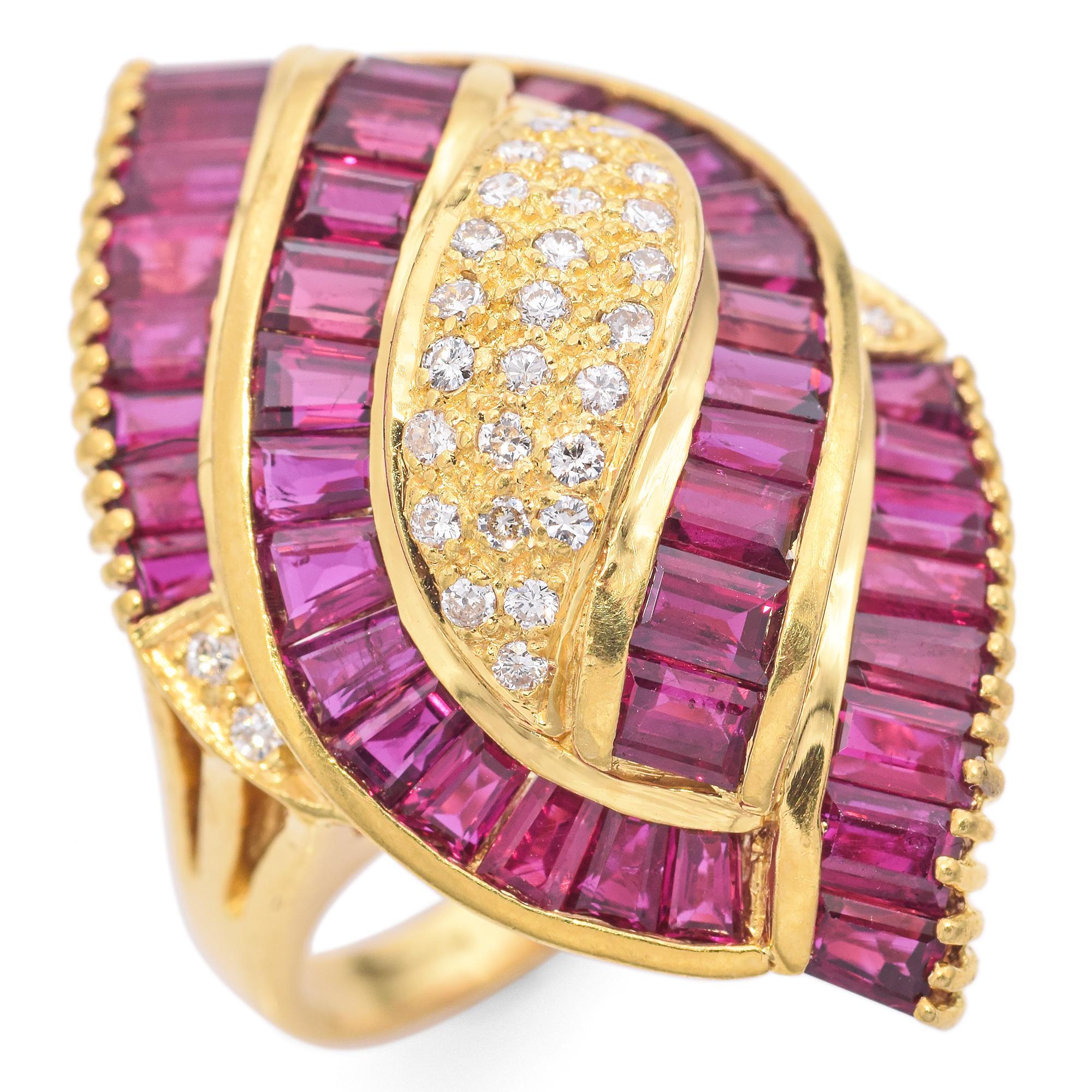 Baguette Cut Vintage 18k Yellow Gold Ruby and Diamond Swirl Statement Ring For Sale