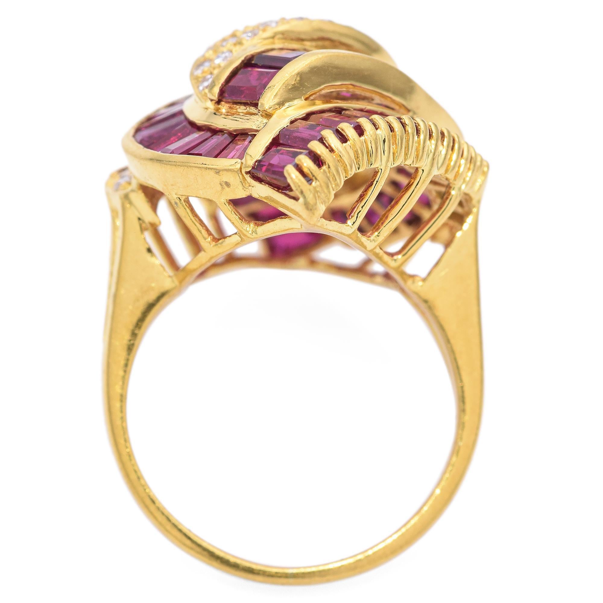 Women's Vintage 18k Yellow Gold Ruby and Diamond Swirl Statement Ring For Sale