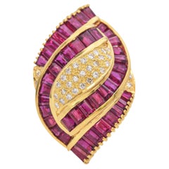 Vintage 18k Yellow Gold Ruby and Diamond Swirl Statement Ring