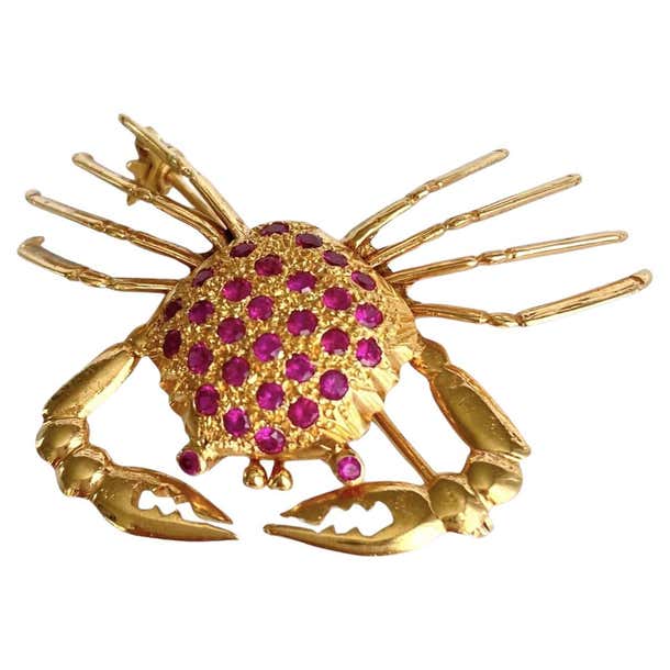 Vintage 18K Yellow Gold Ruby Crab Brooch 9.9G For Sale at 1stDibs