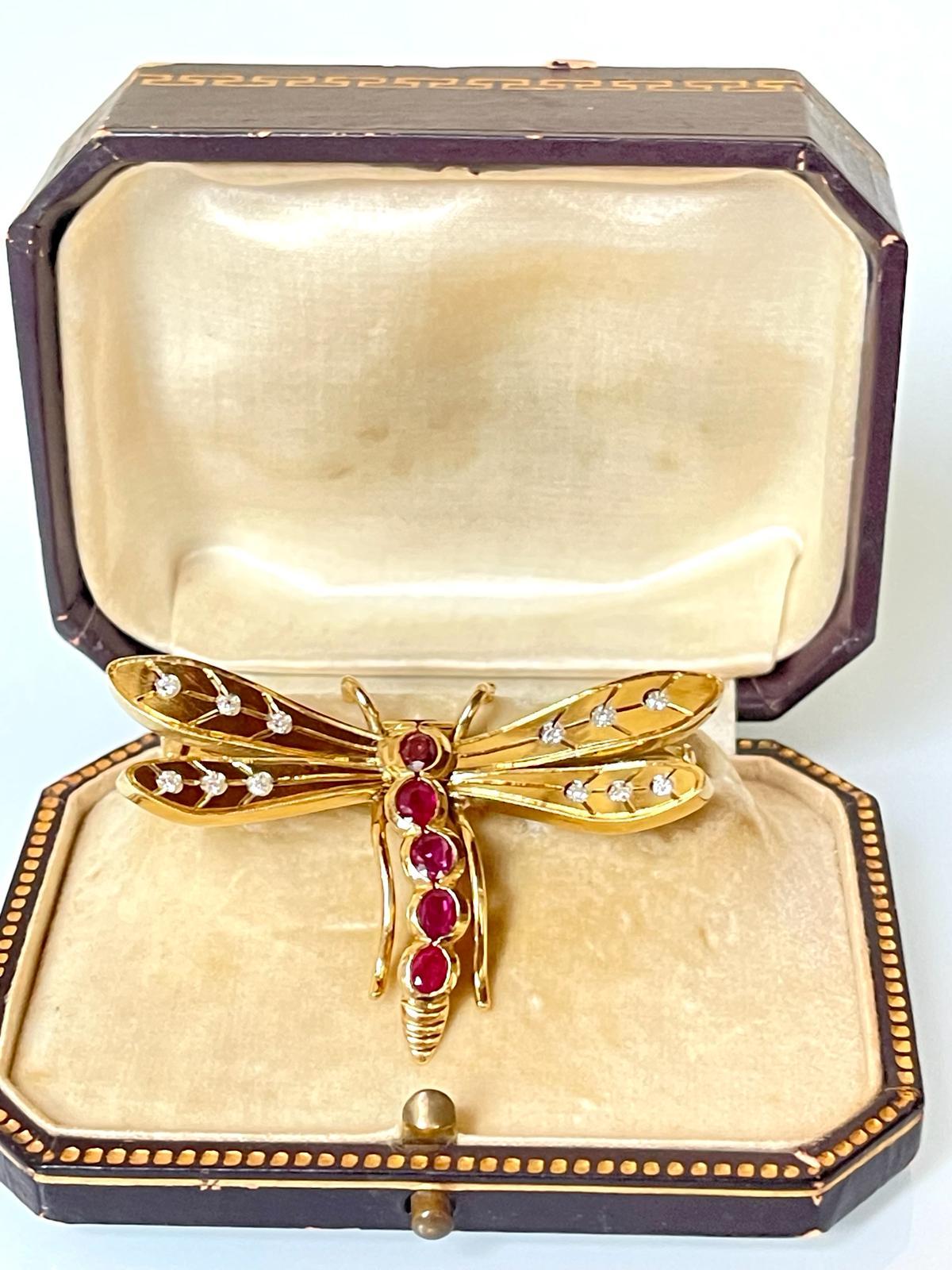 Modern Vintage 18K Yellow Gold, Ruby Diamond Dragonfly Brooch For Sale