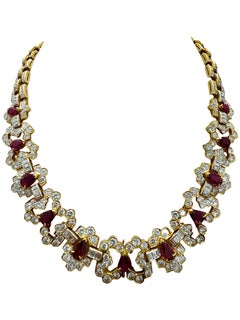 Vintage 18K Yellow Gold Ruby & Diamond Necklace