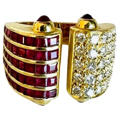 18k Yellow Gold Channel Set Cabochon Ruby Pave Diamond Retro Split Cocktail Ring
