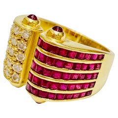 18k Yellow Gold Channel Set Cabochon Ruby Pave Diamond Retro Split Cocktail Ring 18k Yellow Gold Channel Set Cabochon Ruby Pave Diamond Retro Split Cocktail Ring