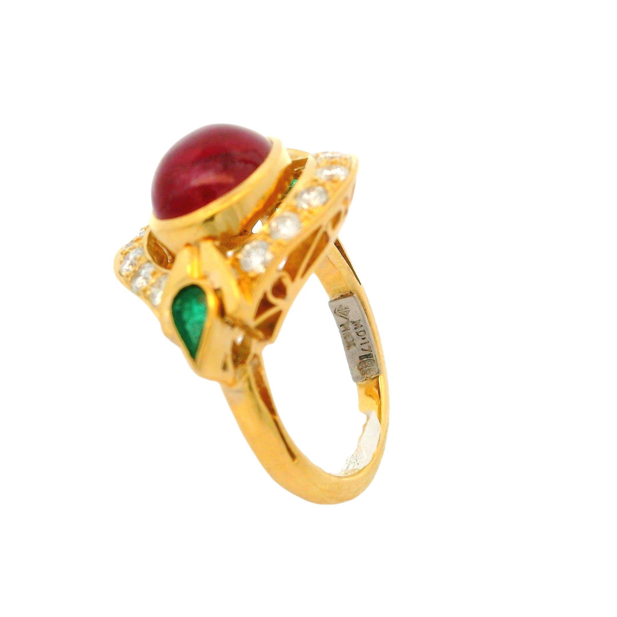 Vintage 18k Yellow Gold Ruby Emerald & Diamond Unique Wide Cocktail Ring For Sale 5