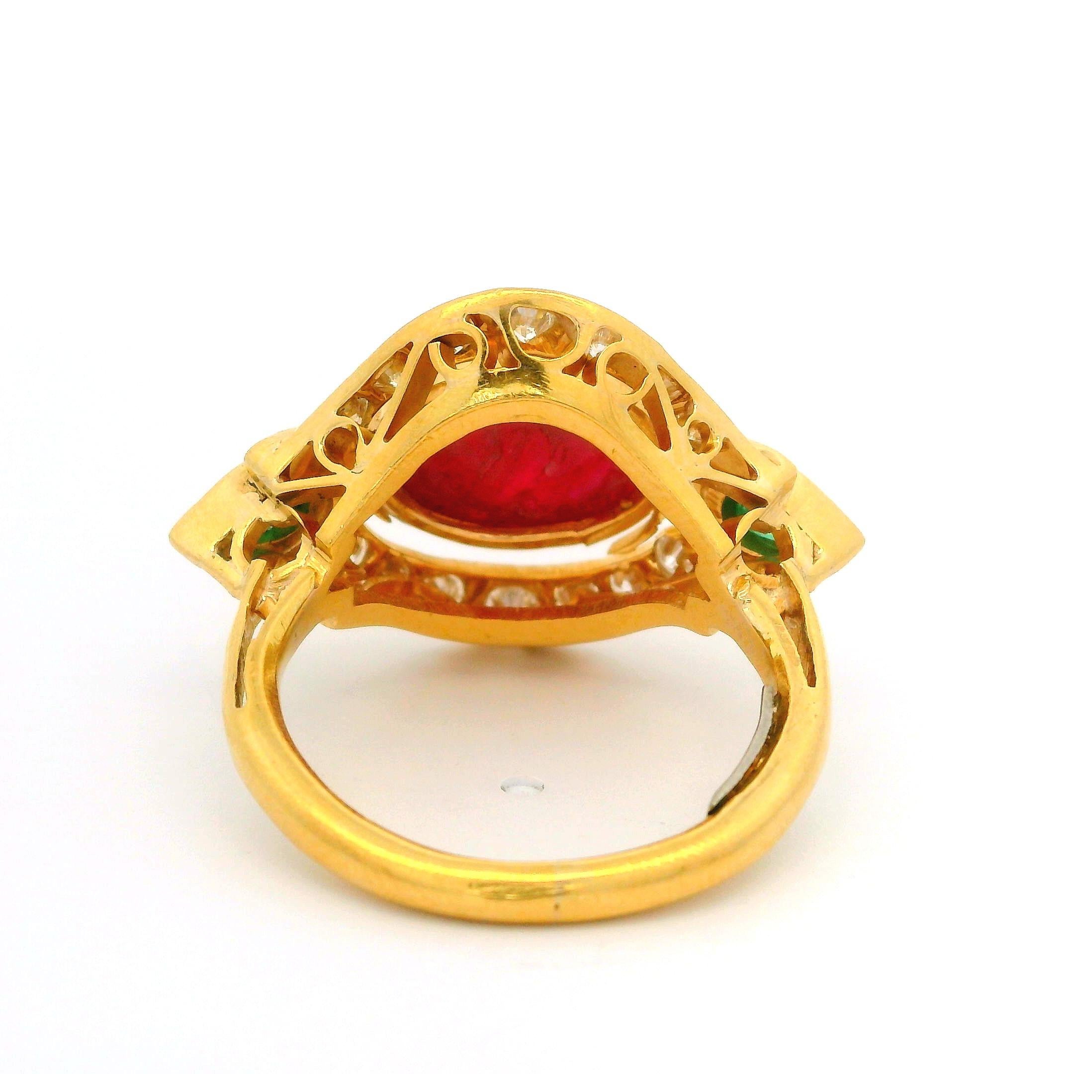 --Stone(s):--
(1) Natural Genuine Rubies - Oval Cabochon Cut - Bezel Set - Very Nice Red Color - Natural Inclusions - 10.8x8.1mm (approx.)
(2) Natural Genuine Emeralds - Elongated Pear Cut - Bezel Set - Nice Green Color - 0.30-0.40ctw (approx.)
(14)