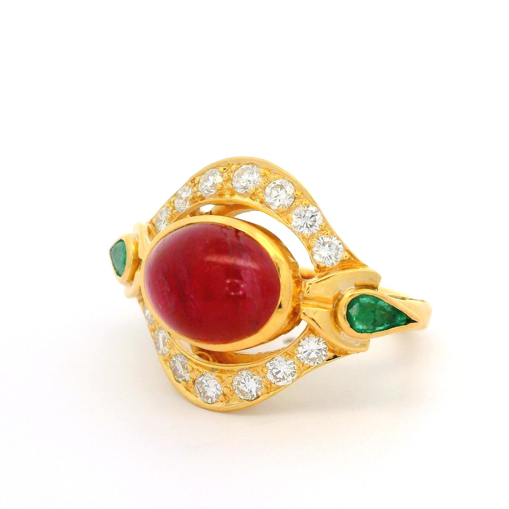 Vintage 18k Yellow Gold Ruby Emerald & Diamond Unique Wide Cocktail Ring In Excellent Condition For Sale In Montclair, NJ
