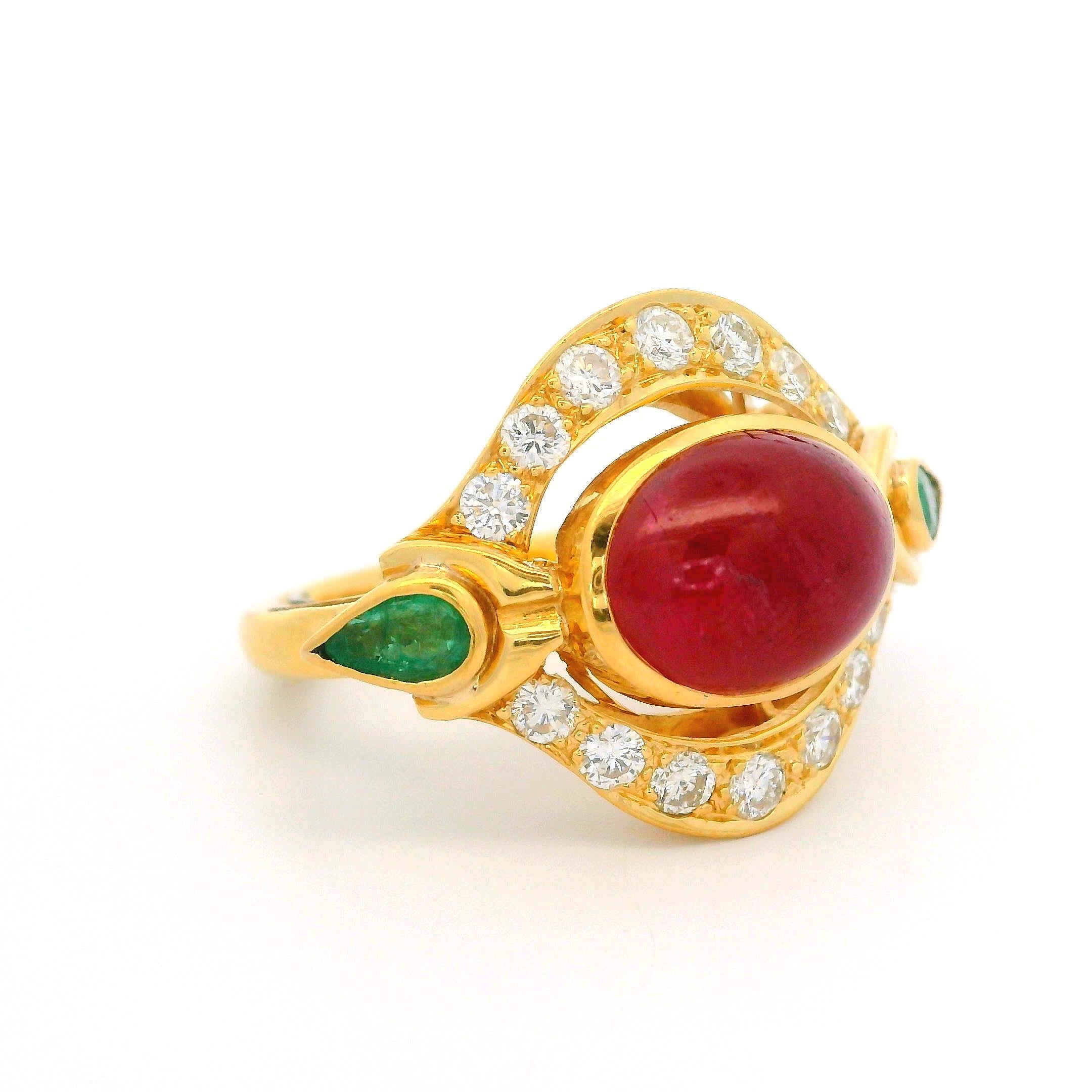 Women's Vintage 18k Yellow Gold Ruby Emerald & Diamond Unique Wide Cocktail Ring For Sale