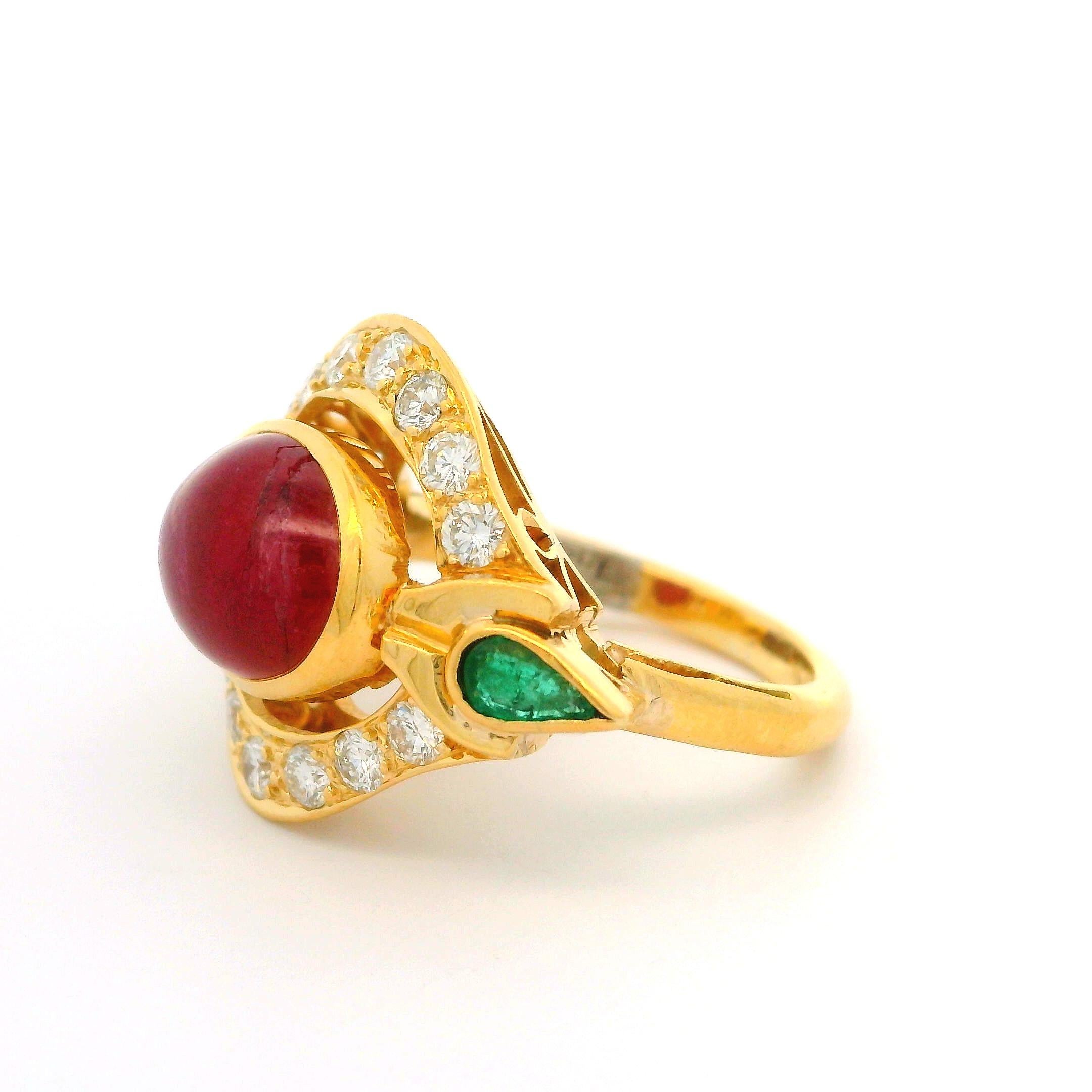Vintage 18k Yellow Gold Ruby Emerald & Diamond Unique Wide Cocktail Ring For Sale 2