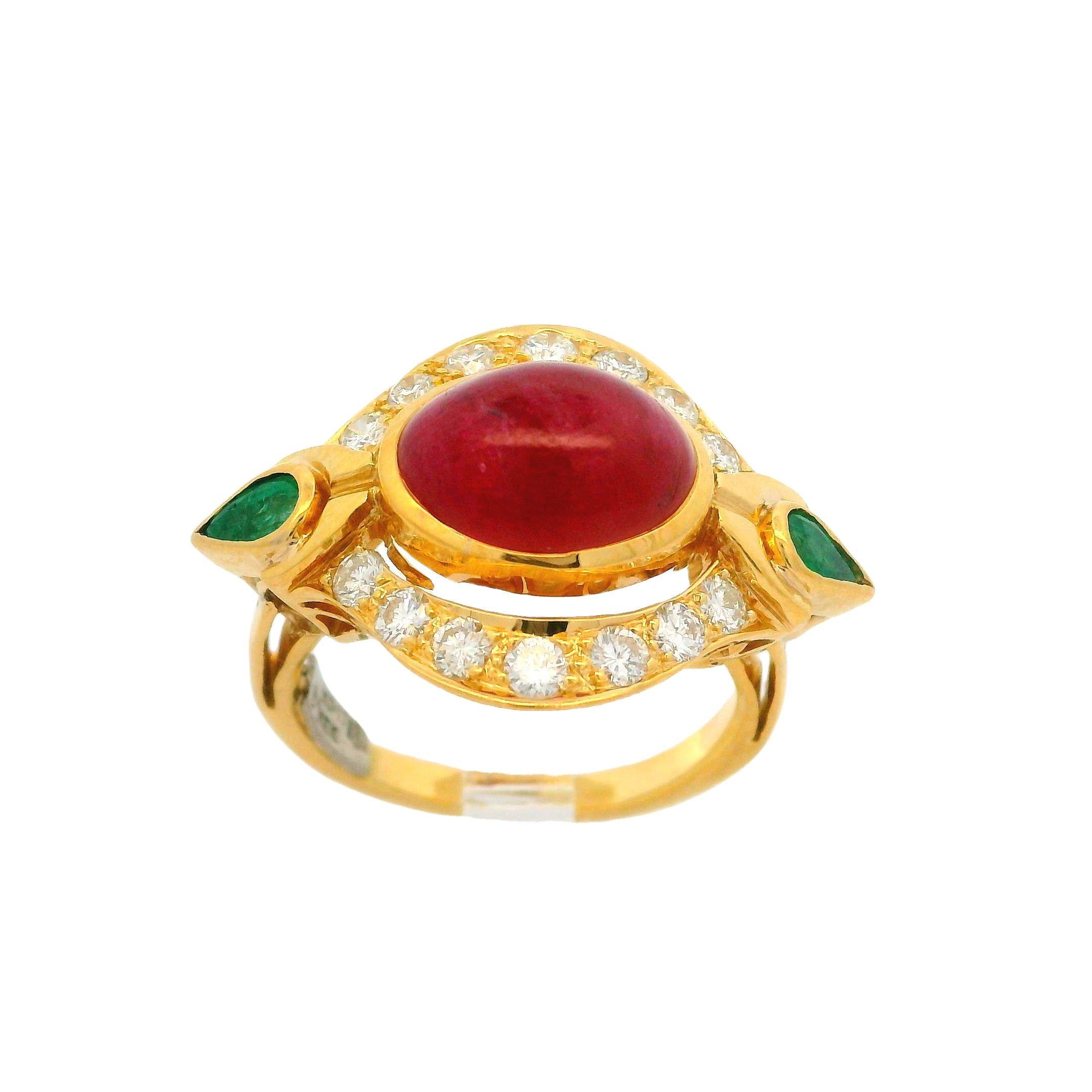 Vintage 18k Yellow Gold Ruby Emerald & Diamond Unique Wide Cocktail Ring For Sale 3