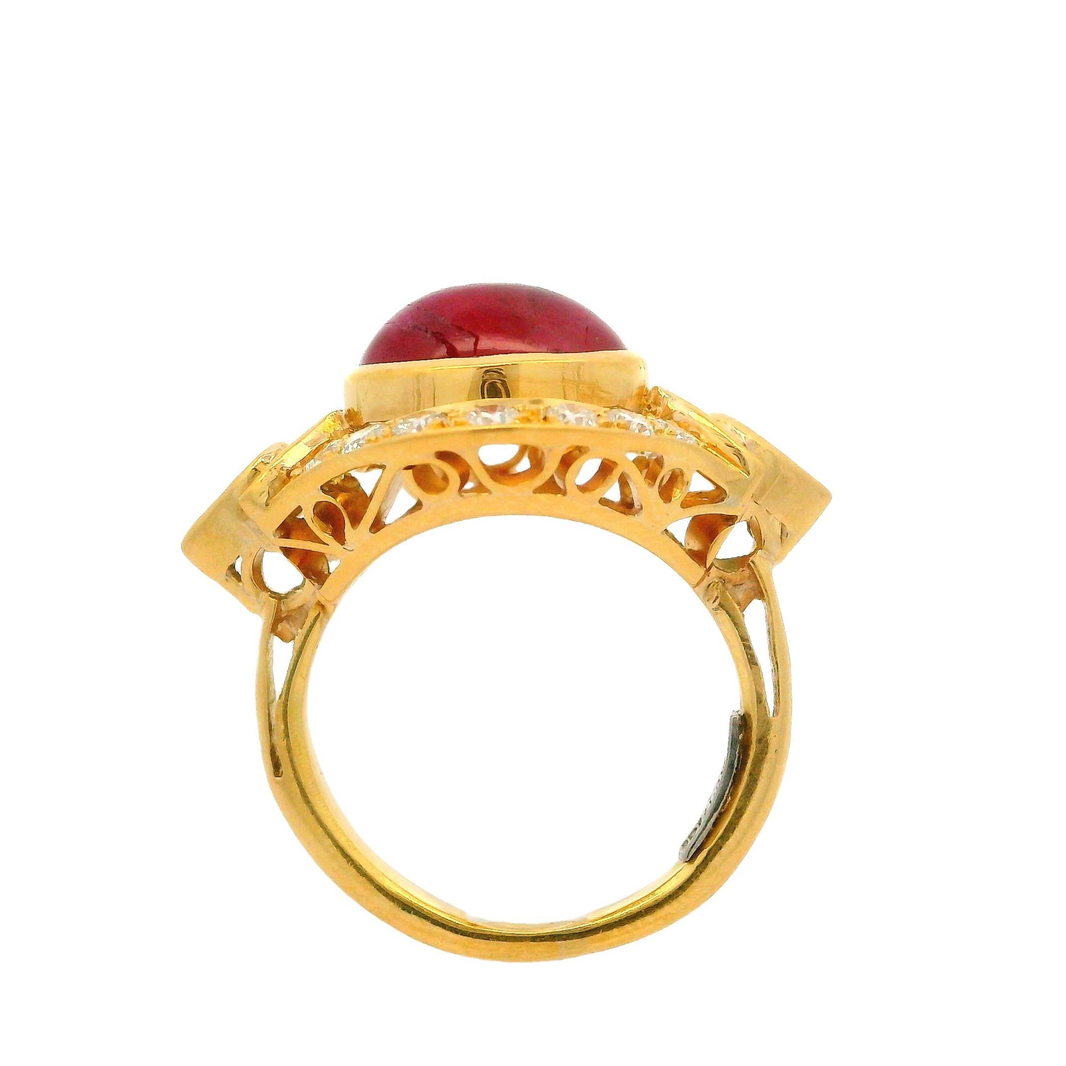 Vintage 18k Yellow Gold Ruby Emerald & Diamond Unique Wide Cocktail Ring For Sale 4