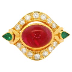 Vintage 18k Yellow Gold Ruby Emerald & Diamond Unique Wide Cocktail Ring
