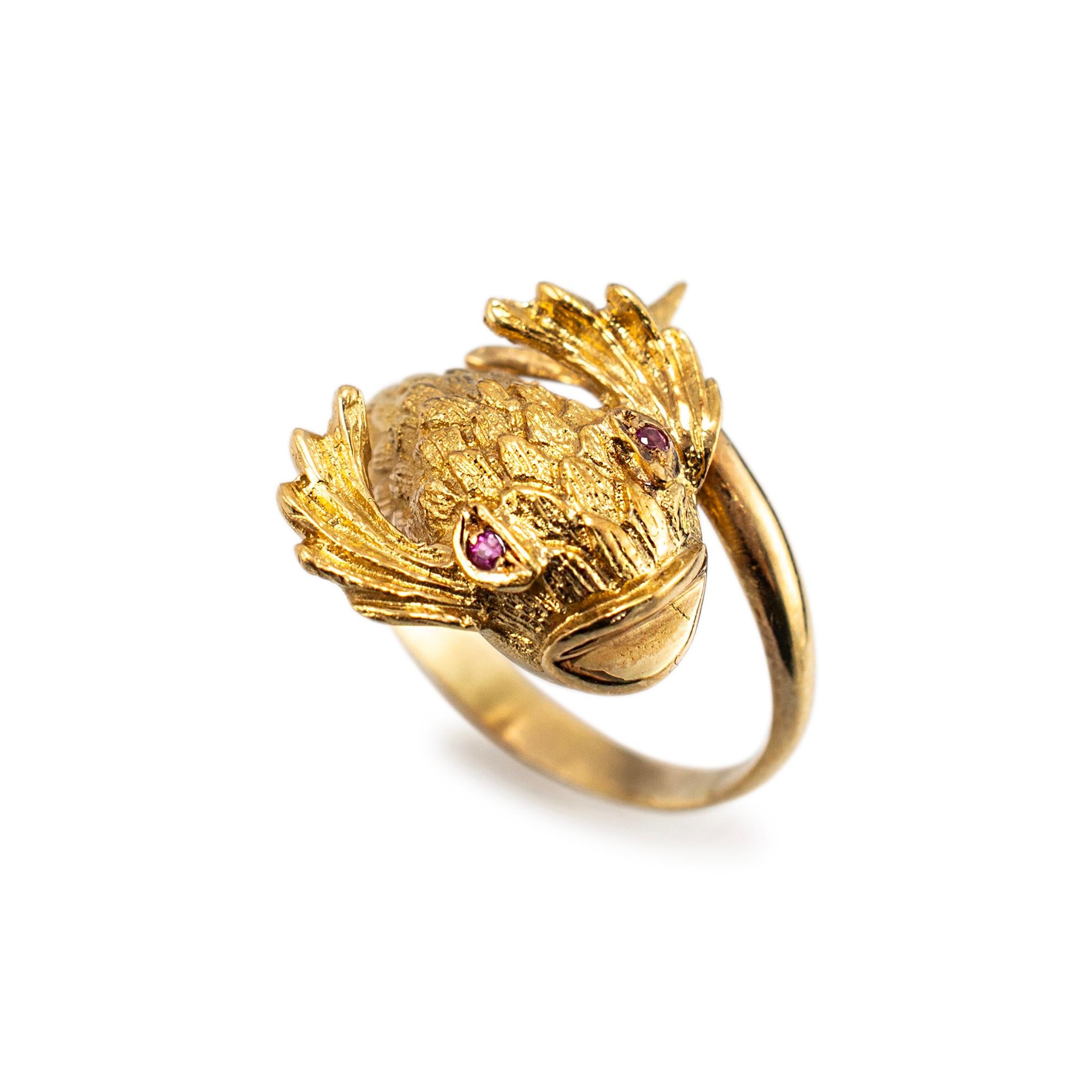 Gender: Ladies

Metal Type: 18K Yellow Gold 

Ring Size: 5

Width: 4.75 mm

Weight: 5.45 grams

Lady's 18K yellow gold ruby vintage cocktail ring with a half-round shank. Engraved with 
